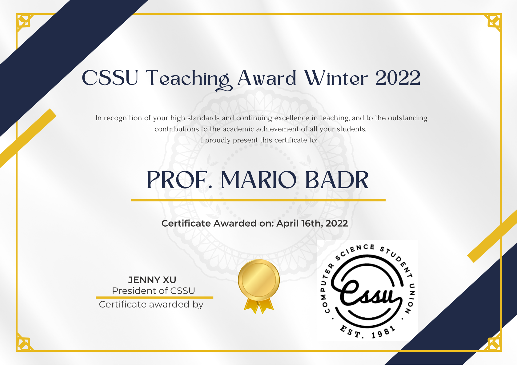CSSU Teaching Award Winter 2022